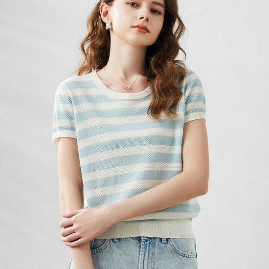 COMOBOCA Women's Striped Ribbed Knit T-Shirt