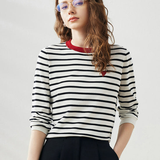 COMOBOCA Cloudy Women's Striped Heart Embroidered Cotton Silk Sweater