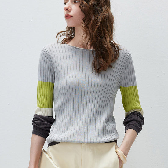 COMOBOCA Women's Ribbed Color Block Round Neck Knit Sweater