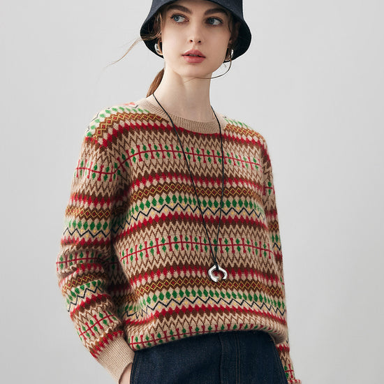 COMOBOCA 100% Cashmere Women's Fair Isle Round Neck Sweater