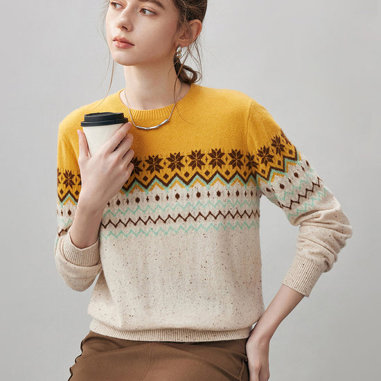 COMOBOCA 100% Cashmere Women's Fair Isle Round Neck Knit Sweater