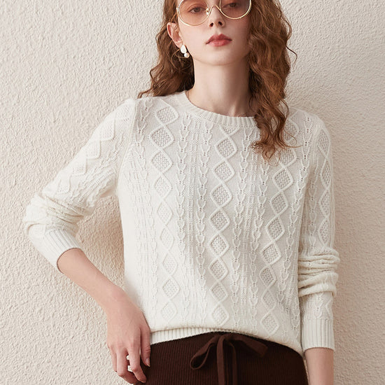 COMOBOCA White 100% Wool Women's Cable Knit Sweater