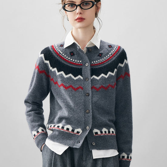 COMOBOCA Gray 100% Cashmere Women's Fair Isle Button Down Cardigan