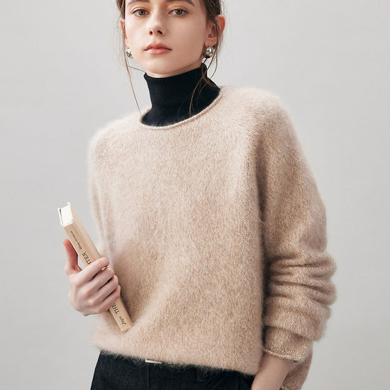 COMOBOCA 100% Wool Women's Fuzzy Round Neck Sweater