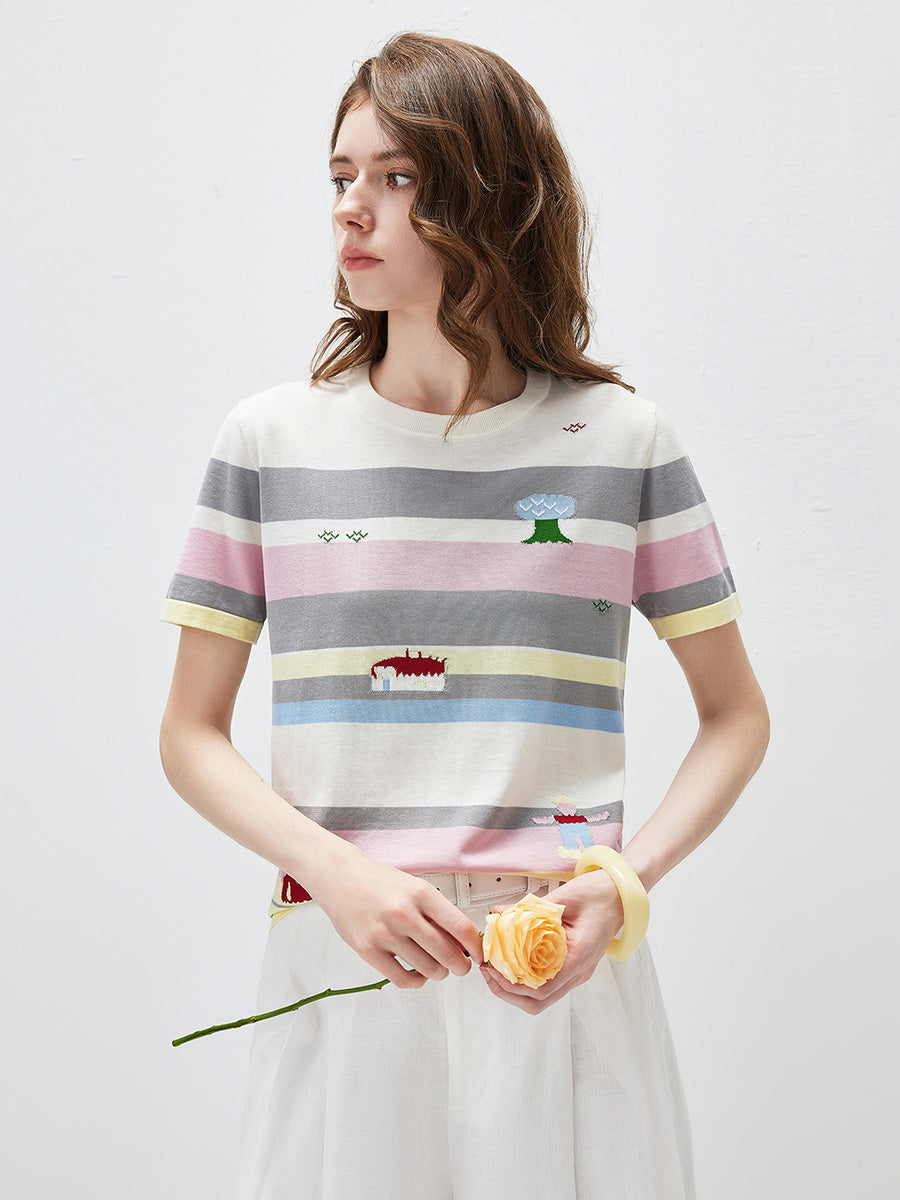 COMOBOCA Women's Farm Scene Striped Knit T-Shirt