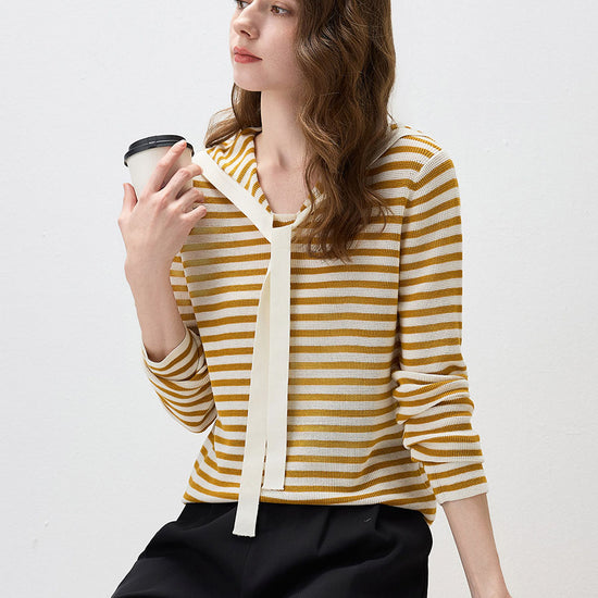 COMOBOCA Women's Striped Sailor Collar Tie Front Knit Sweater