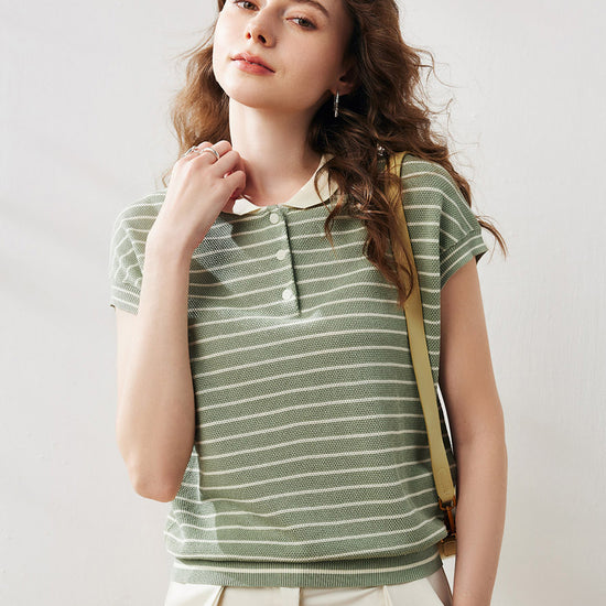 COMOBOCA Light Green Women's Cotton Silk Striped Knit Polo Shirt