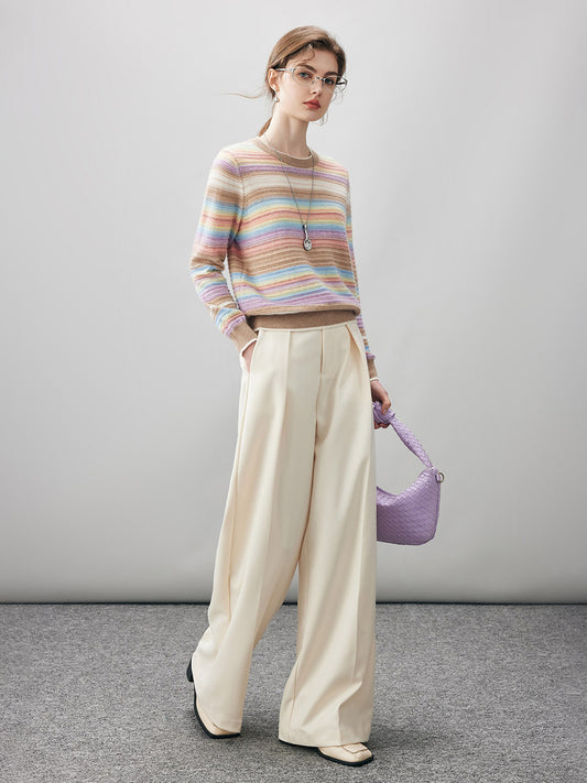COMOBOCA 100% Cashmere Women's Rainbow Striped Round Neck Sweater