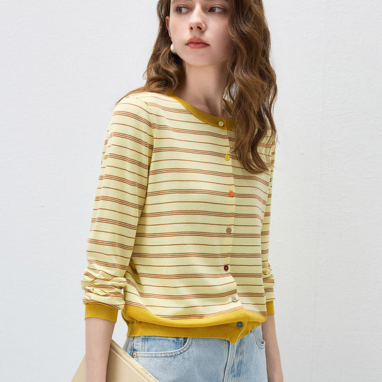 COMOBOCA Women's Striped Color Block Button Front Cardigan