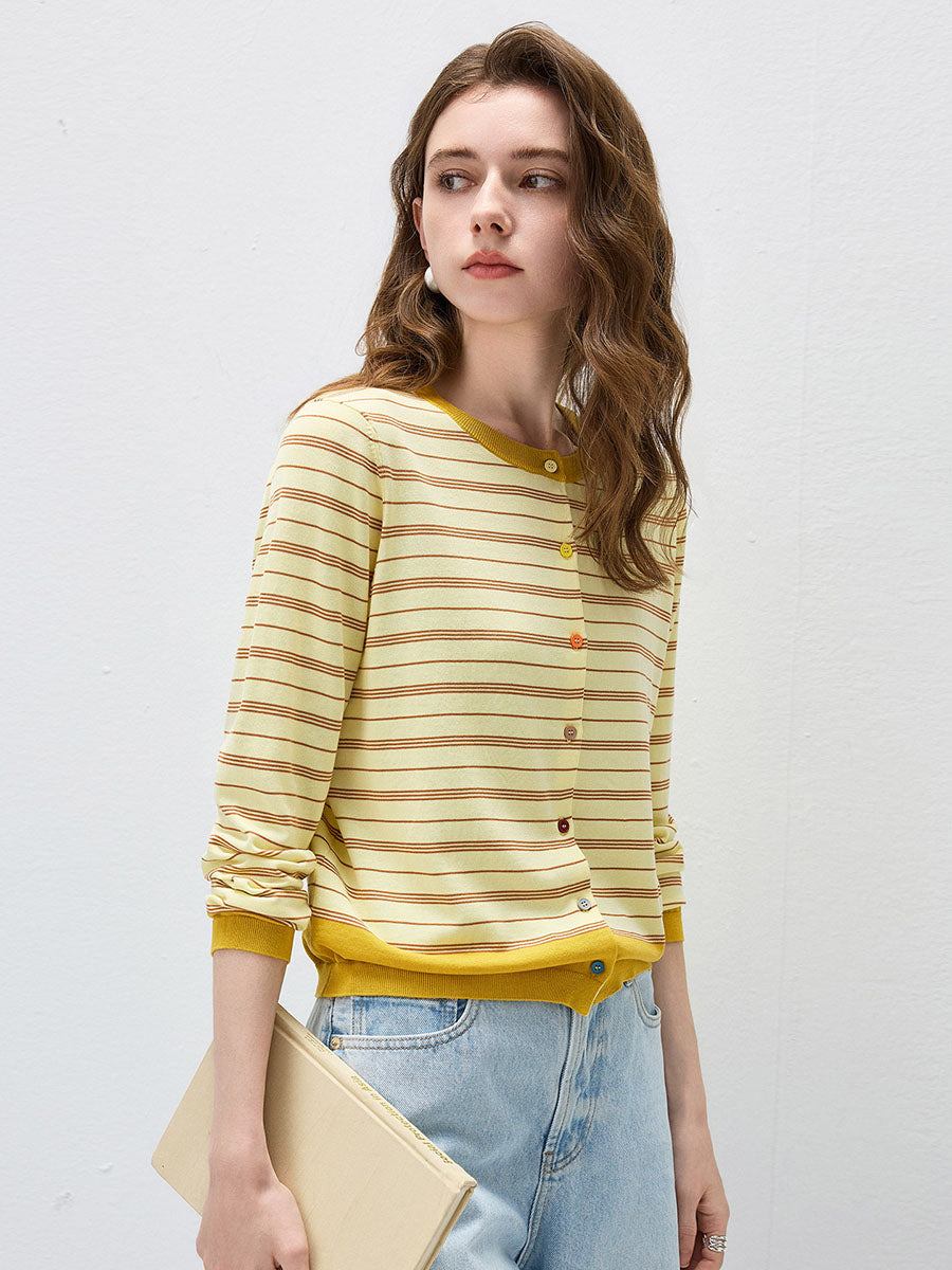 COMOBOCA Women's Striped Color Block Button Front Cardigan