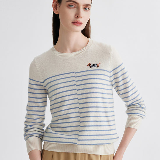 COMOBOCA White 100% Cashmere Women's Striped Round Neck Sweater