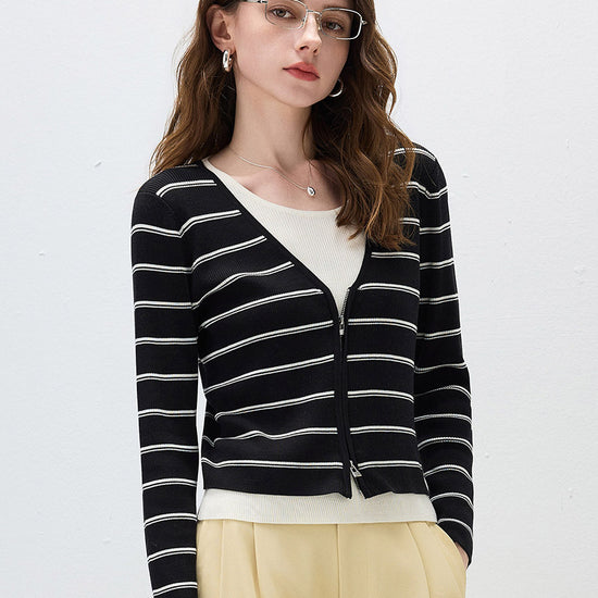COMOBOCA Women's Striped Ribbed Knit Faux 2-in-1 Zip Cardigan