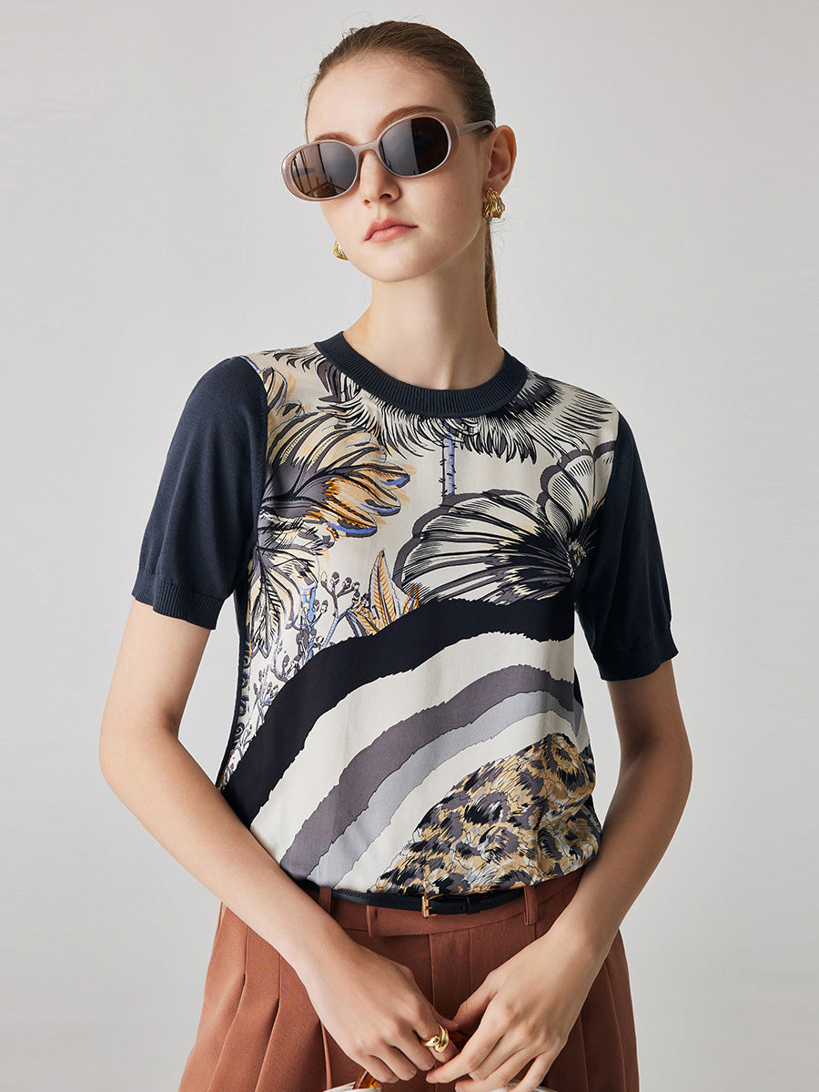 COMOBOCA Navy Blue Women's Cotton Silk Floral Ribbed Print Knit T-Shirt