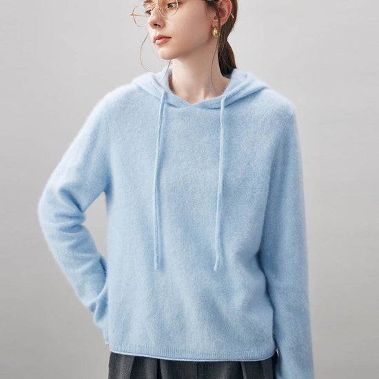 COMOBOCA Light Blue Women's Wool Fuzzy Hooded Sweater