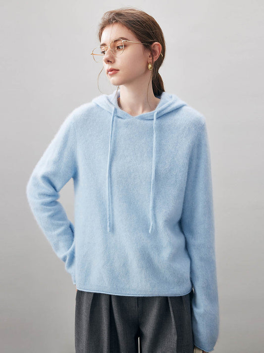 COMOBOCA Light Blue Women's Wool Fuzzy Hooded Sweater