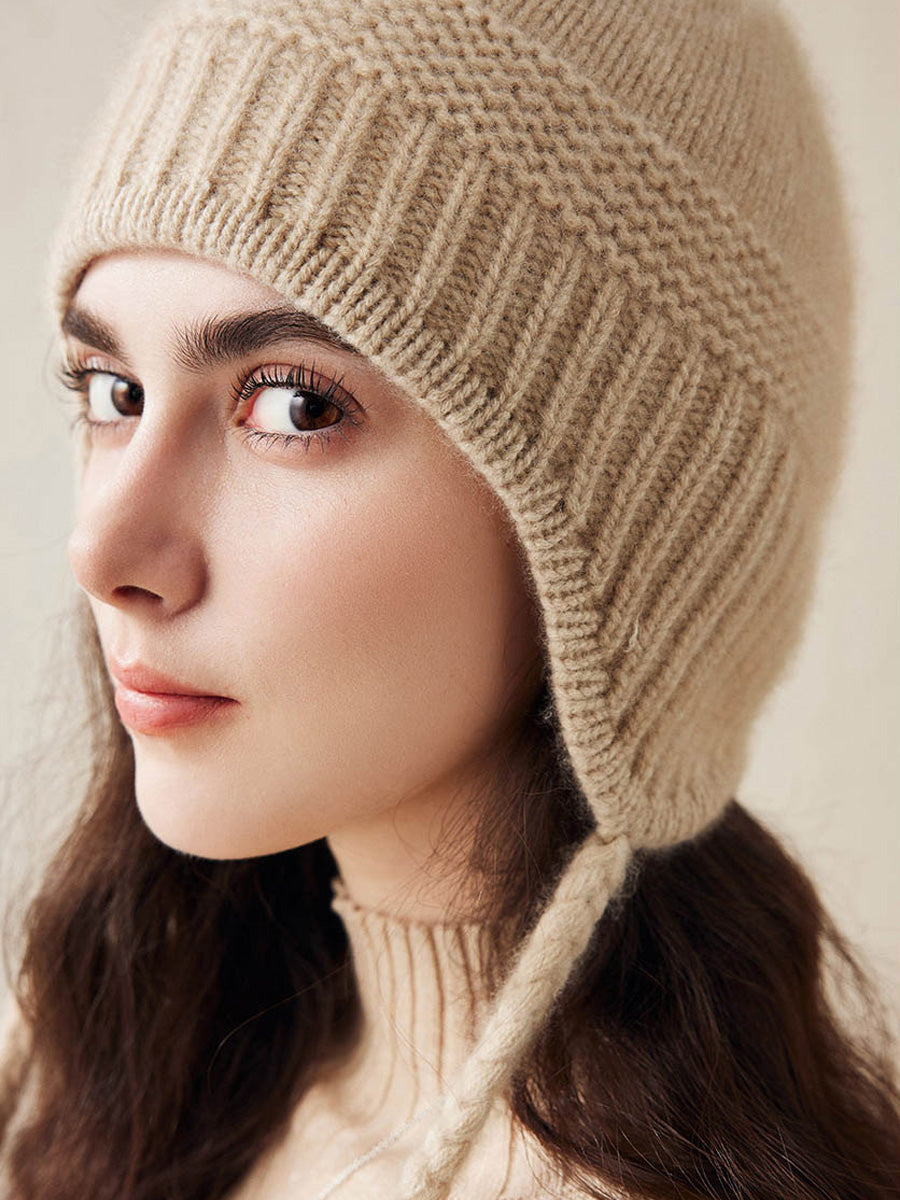 COMOBOCA 100% Cashmere Women's Ear Flap Beanie with Pom-Poms