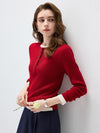COMOBOCA Women's Ribbed Contrast Trim Henley Knit Sweater