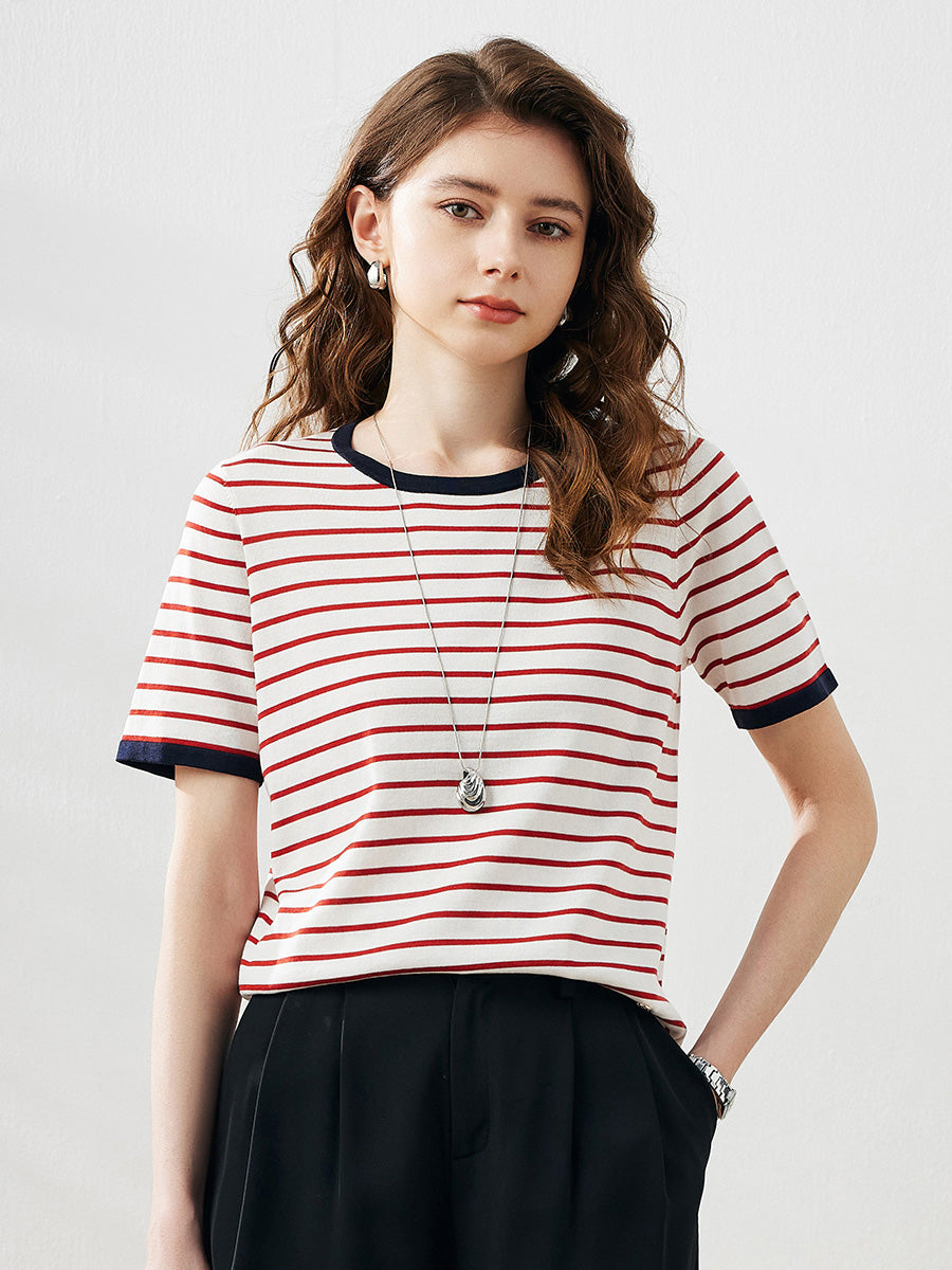 COMOBOCA Women's Striped Ribbed Contrast Trim T-Shirt