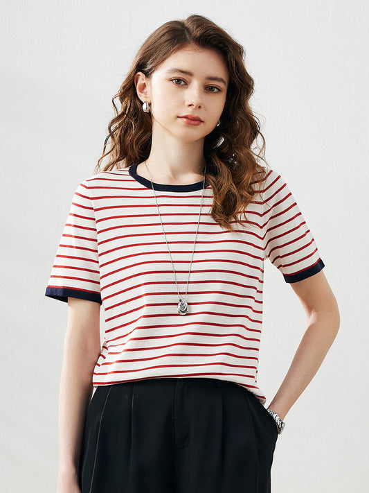 COMOBOCA Women's Striped Ribbed Contrast Trim T-Shirt