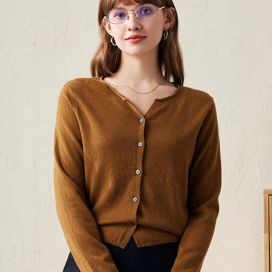 COMOBOCA Brown 100% Wool Women's V-Neck Button Up Cardigan