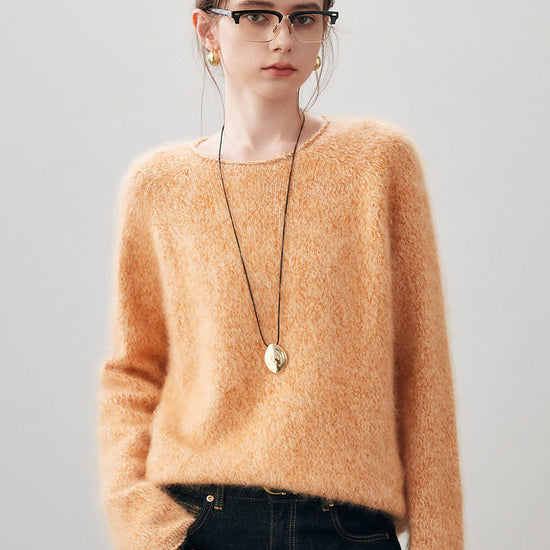 COMOBOCA 100% Wool Women's Fuzzy Round Neck Sweater