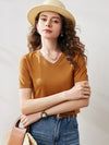 COMOBOCA Bronze Women's Lyocell V-Neck Ribbed Knit T-Shirt