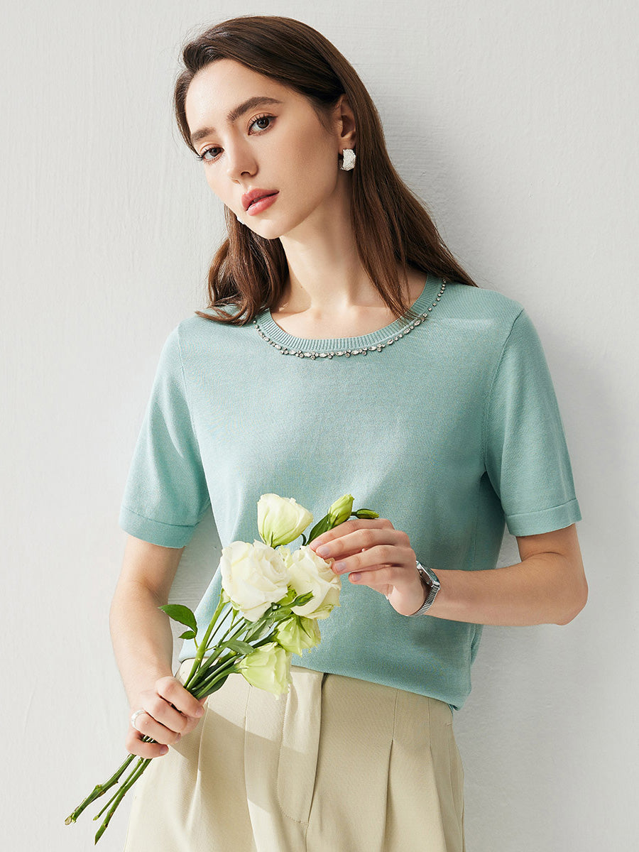 COMOBOCA Moonlight Green Women's Cotton Silk Jeweled Neckline T-Shirt