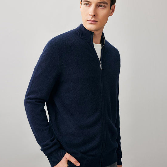 COMOBOCA 100% Cashmere Men's Full Zip Mock Neck Knit Cardigan