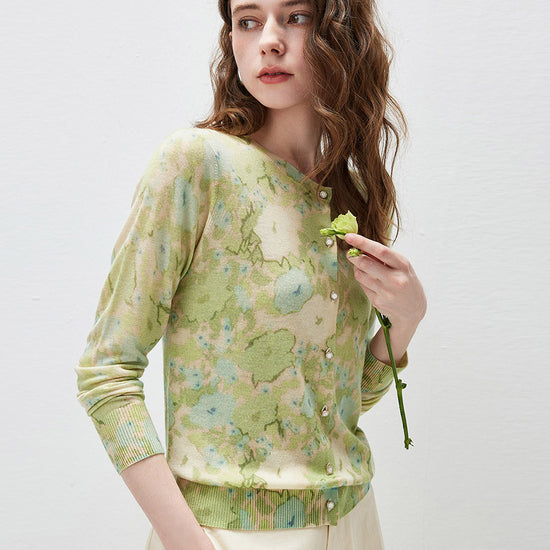 COMOBOCA Women's Watercolor Floral Print Knit Cardigan