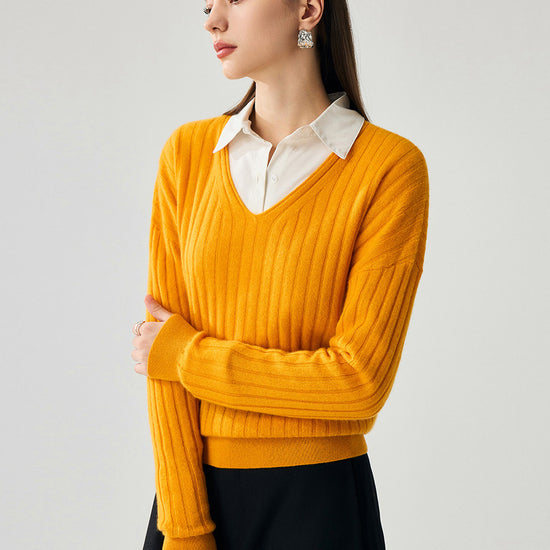 COMOBOCA 100% Cashmere Women's Cozy Ribbed V-Neck Sweater