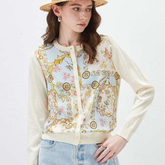 COMOBOCA Women's Printed Panel Knit Cardigan