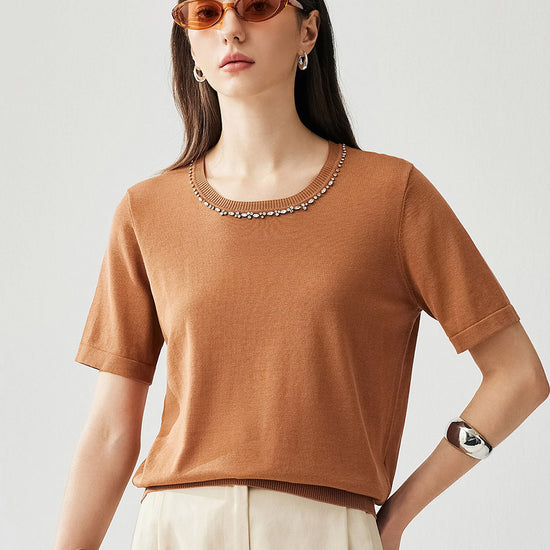 COMOBOCA Women's Cotton Silk Jeweled Neckline T-Shirt