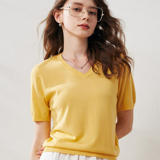 COMOBOCA Yellow Women's Lyocell V-Neck Ribbed Knit T-Shirt