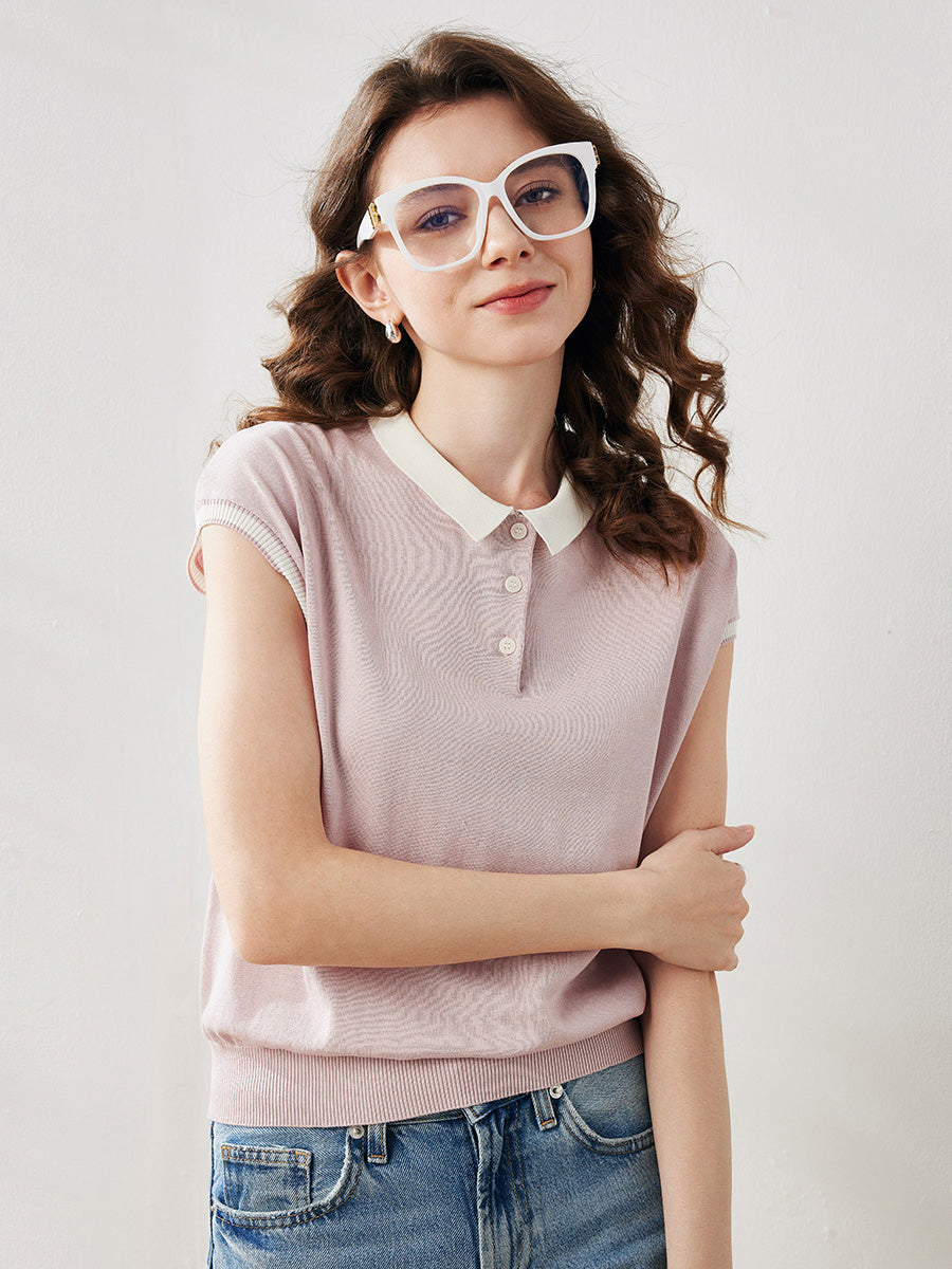 COMOBOCA Light Pink Women's Cotton Silk Ribbed Polo Neck Knit T-Shirt