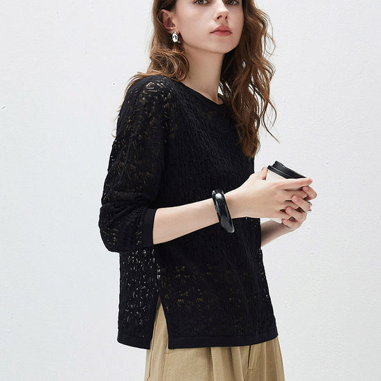 COMOBOCA Women's Openwork Round Neck Knit Sweater