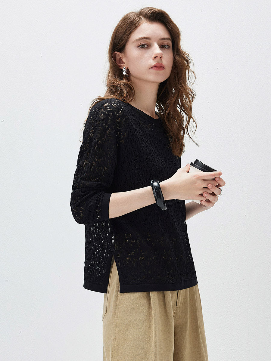 COMOBOCA Women's Openwork Round Neck Knit Sweater