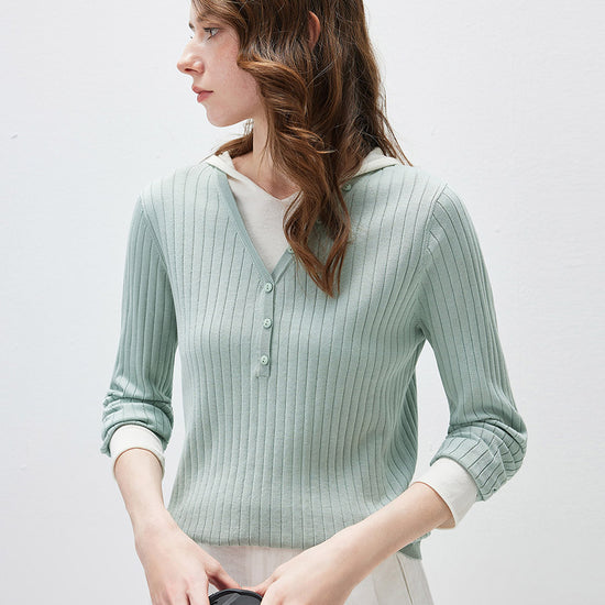 COMOBOCA Women's Layered Ribbed Knit Hooded Henley Top