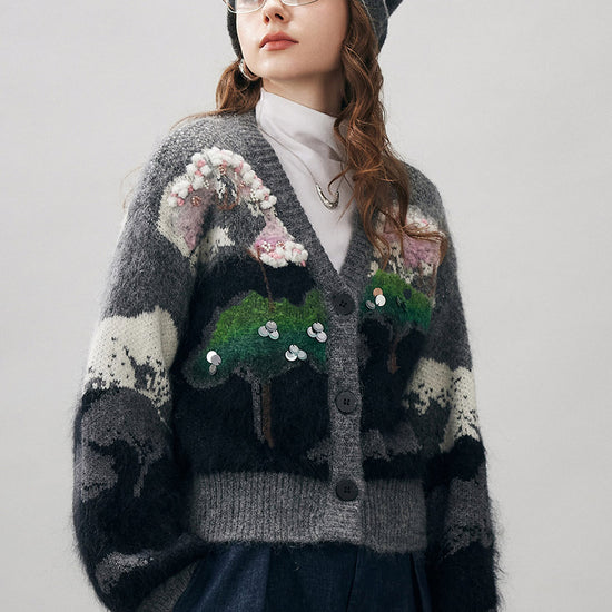 COMOBOCA Women's Landscape Patterned Knit Cardigan