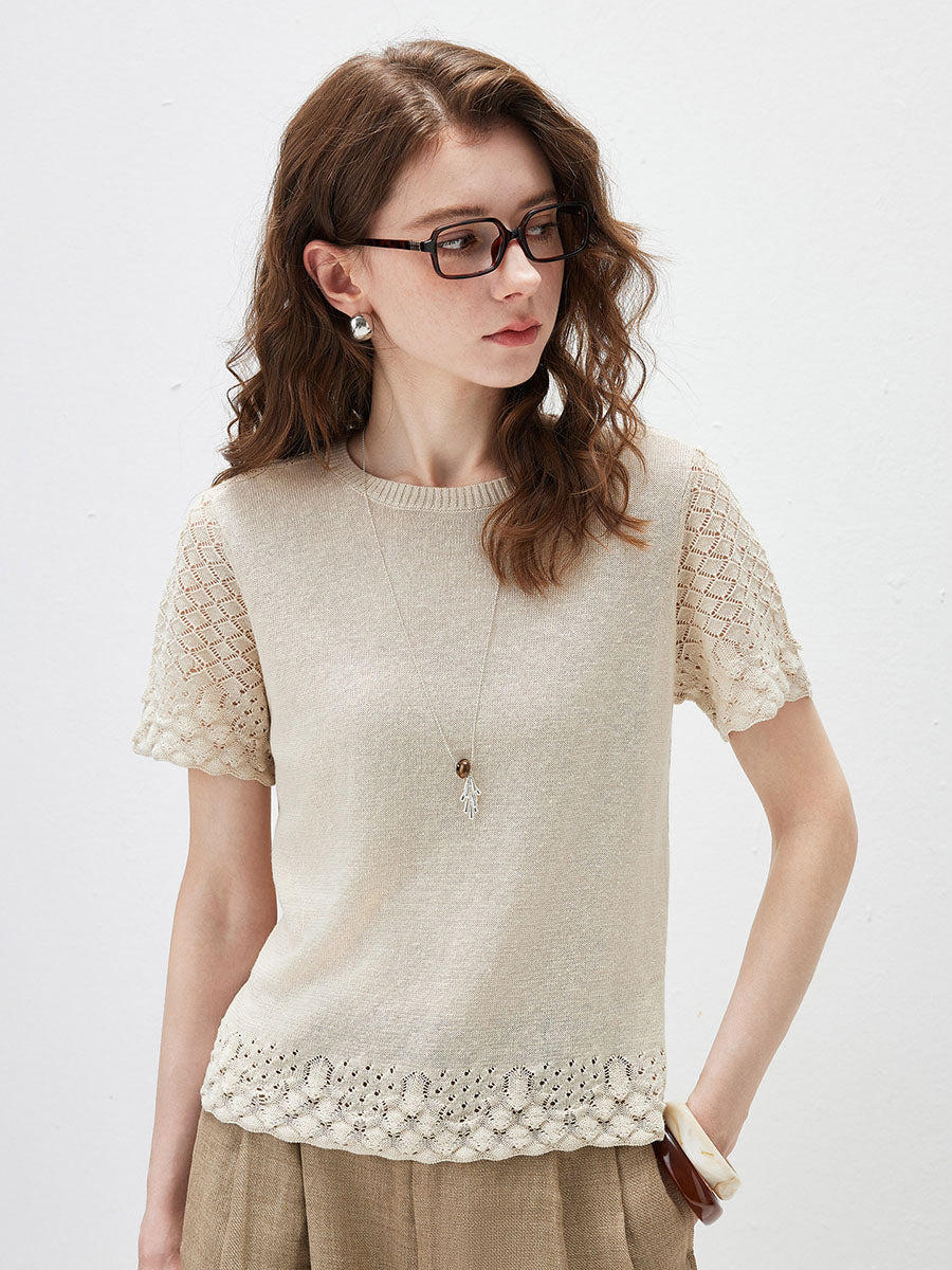 COMOBOCA Beige Women's Lace Trim Knit T-Shirt