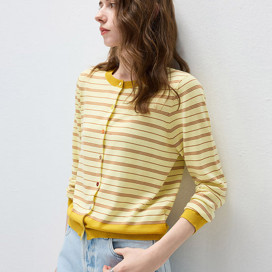 COMOBOCA Women's Striped Color Block Button Front Cardigan