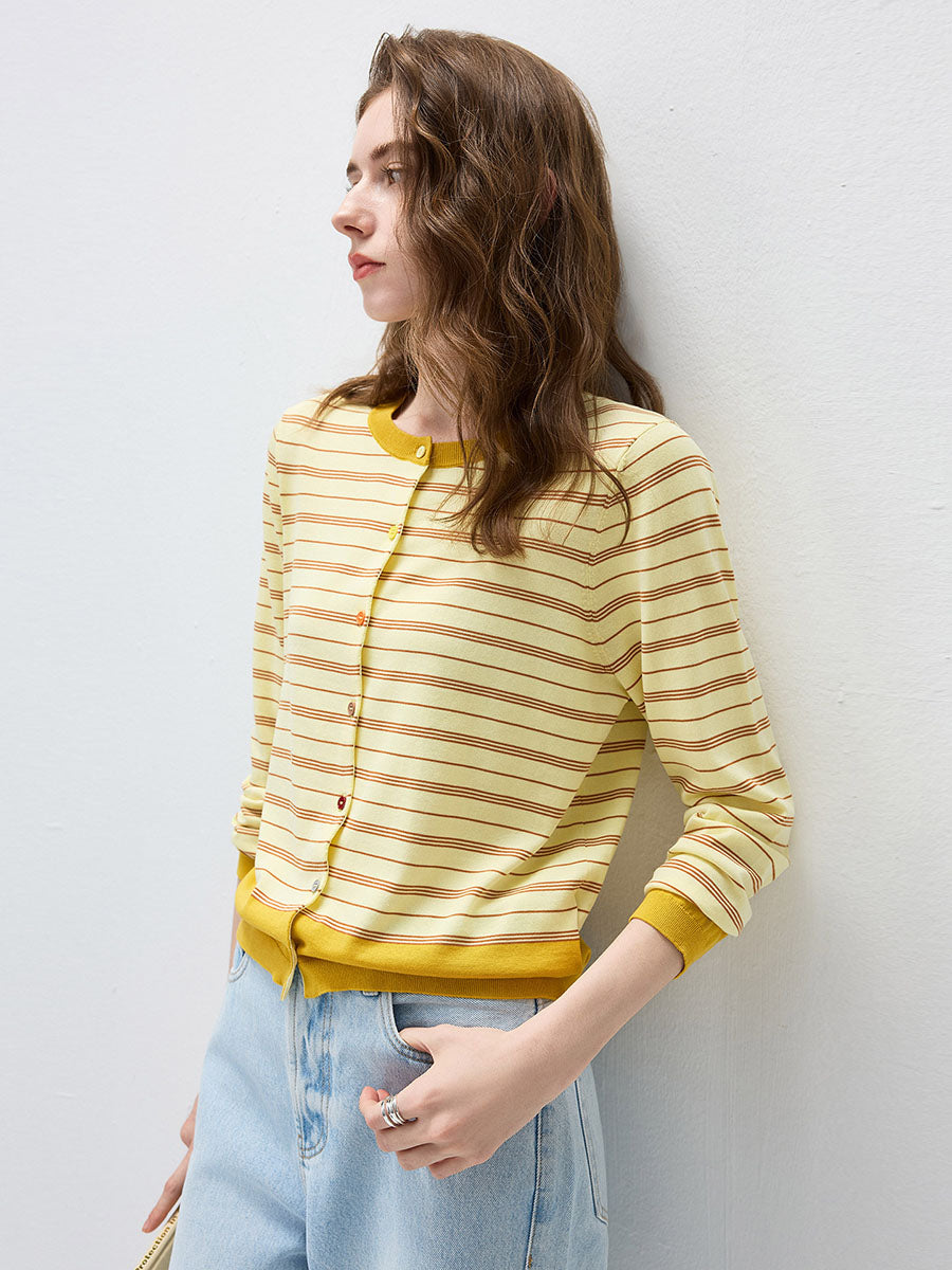 COMOBOCA Women's Striped Color Block Button Front Cardigan