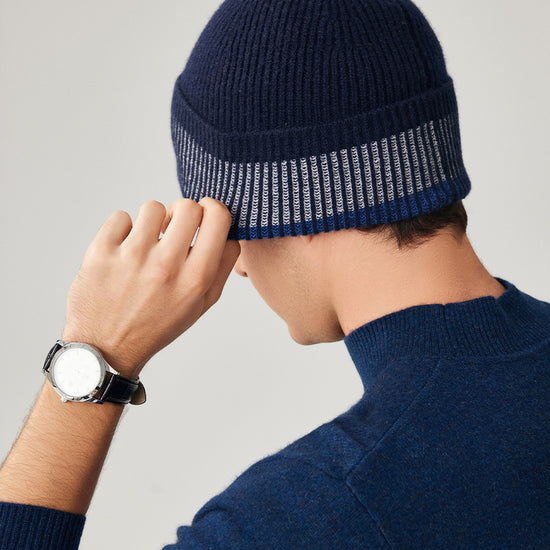 COMOBOCA 100% Wool Men's Striped Ribbed Knit Beanie
