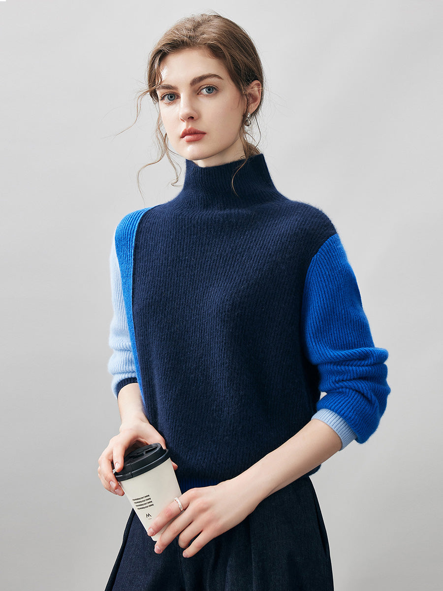COMOBOCA 100% Cashmere Women's Color Block Turtleneck Sweater