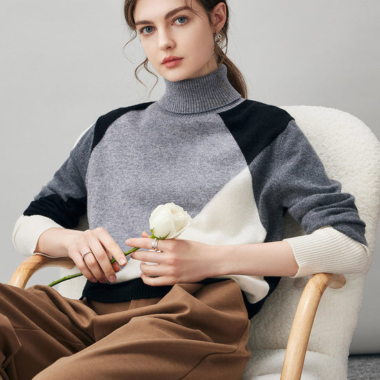 COMOBOCA 100% Cashmere Women's Color Block Turtleneck Sweater