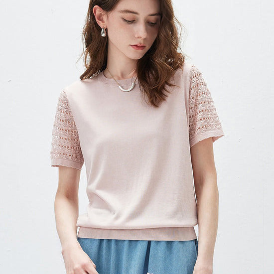 COMOBOCA Women's Lace Round Neck Knit T-Shirt