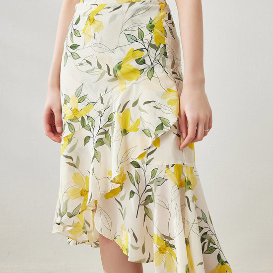 COMOBOCA 100% Mulberry Silk Women's Floral Ruffle Midi Skirt