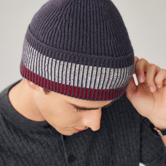 COMOBOCA 100% Wool Men's Striped Ribbed Knit Beanie