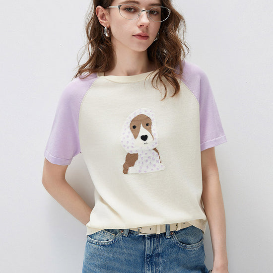 COMOBOCA Light Pink Women's Puppy Intarsia Raglan Sleeve Knit T-Shirt