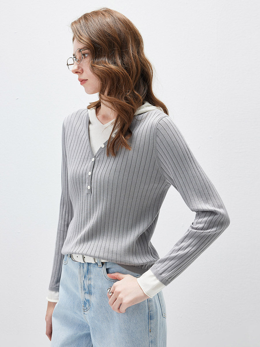 COMOBOCA Women's Layered Ribbed Knit Hooded Henley Top