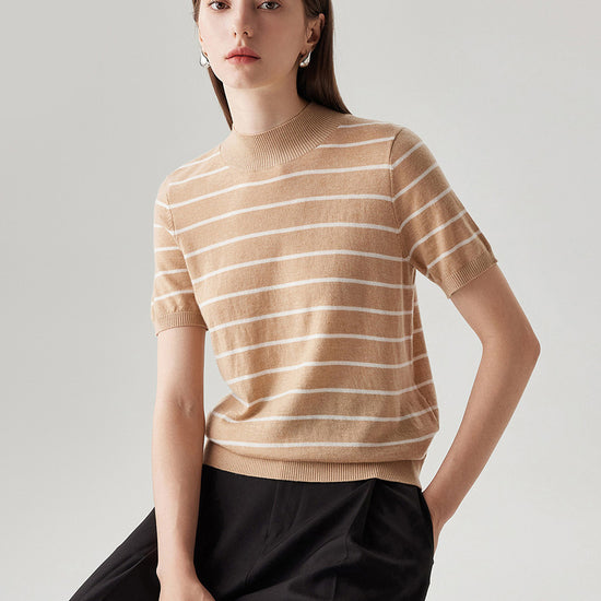 COMOBOCA 100% Wool Women's Mock Neck Striped Ribbed T-Shirt